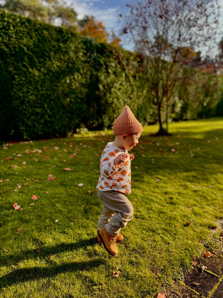 Little boy running in the yard wearing an orange beanie, brown pants, Timberland boots and a longsleeve with pumpkins.